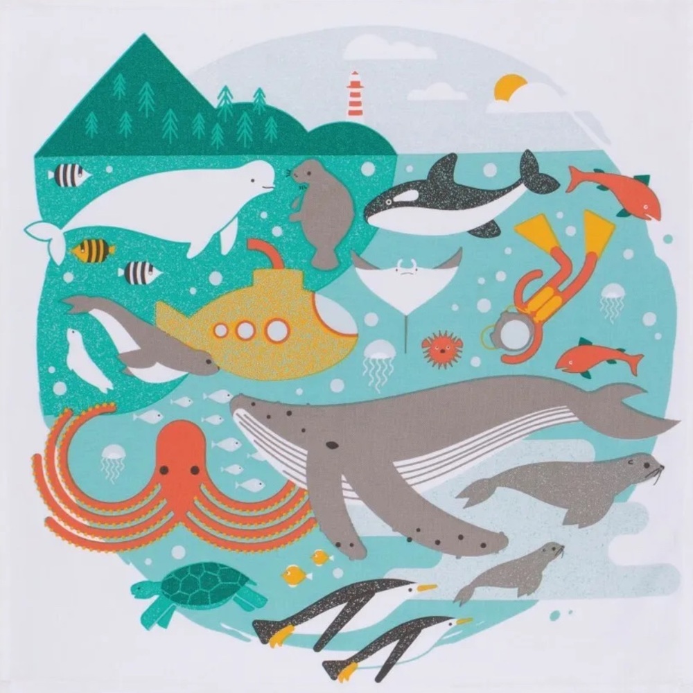 ALL cotton designer towel w/marine menagerie “in the deep” by Åsa Cederholm-NIB